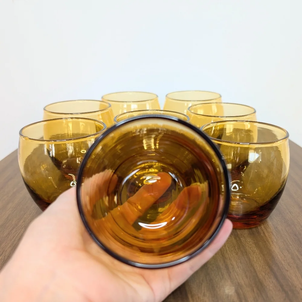 Set Of 8 Vintage 60s 70s MCM Amber Color Roly Poly Glasses Whiskey Stemless Wine